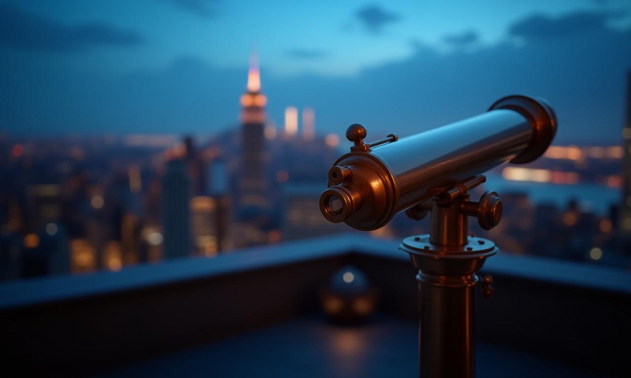 Panoramic view of the New York skyline with a luxury telescope in the foreground